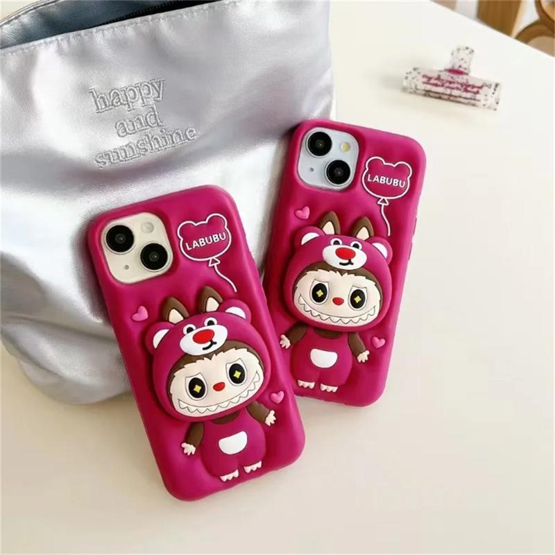 3D Cute Funny Cartoon Lotso Hat Labubu Holder Phone Case For iPhone 17 16 15 14 13 12 11 Pro Max Soft Silicone Cover