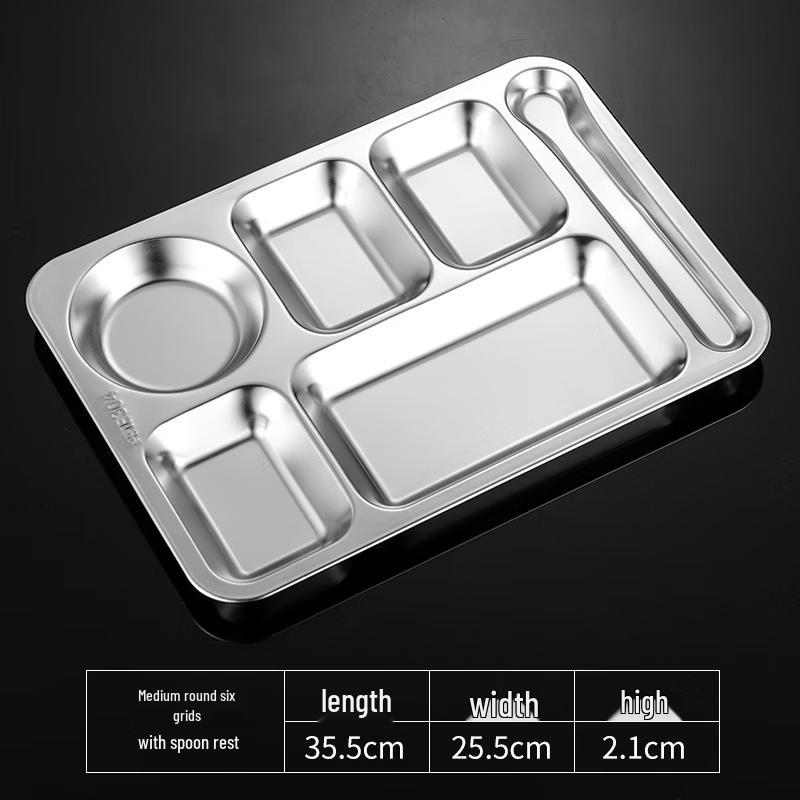 ShengJia 304 Stainless Steel Rectangular 6-Compartment Canteen Tray with Spoon - 10-Pack