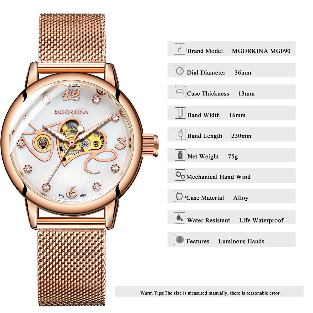 ORKINA Women's Automatic Mechanical Watch Fashion Diamond Love Hollow Design Mesh Stainless Steel Strap Wristwatch MG090