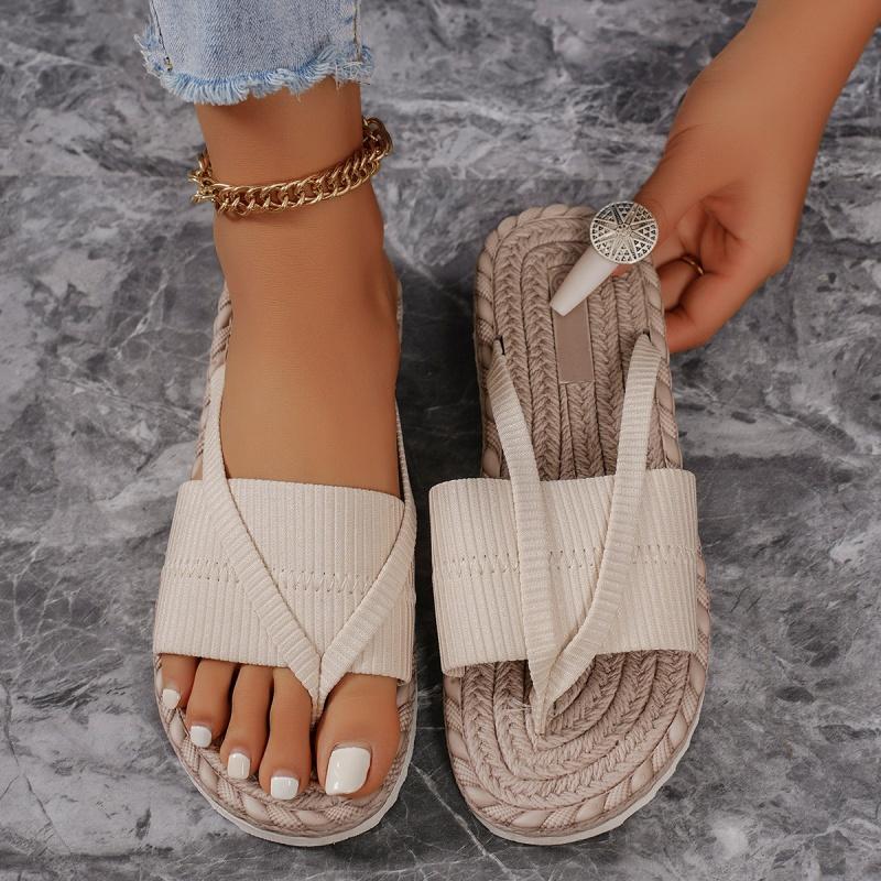 Fashion Green Fabric Flip Sole Summer Beach Shoes with Flat Heels and Slippers for Women's Simple One Line Beach Flat Shoes