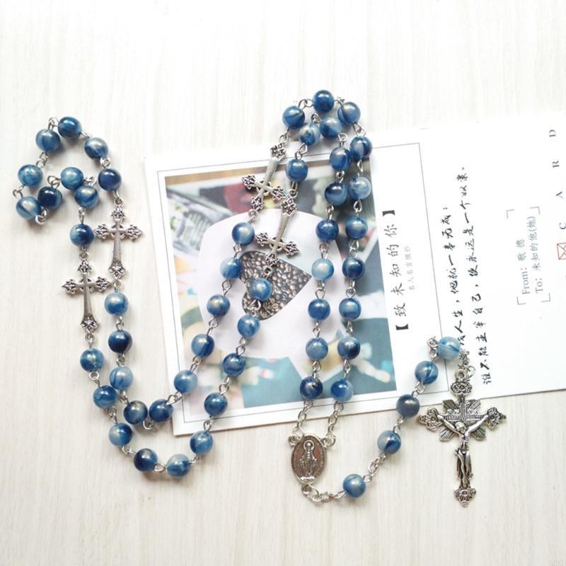 62KD Blue Acrylic Rosary Necklace Long for Cross Pendant Catholic Christian Necklace Religious Jewelry for Men Women Charm Gift