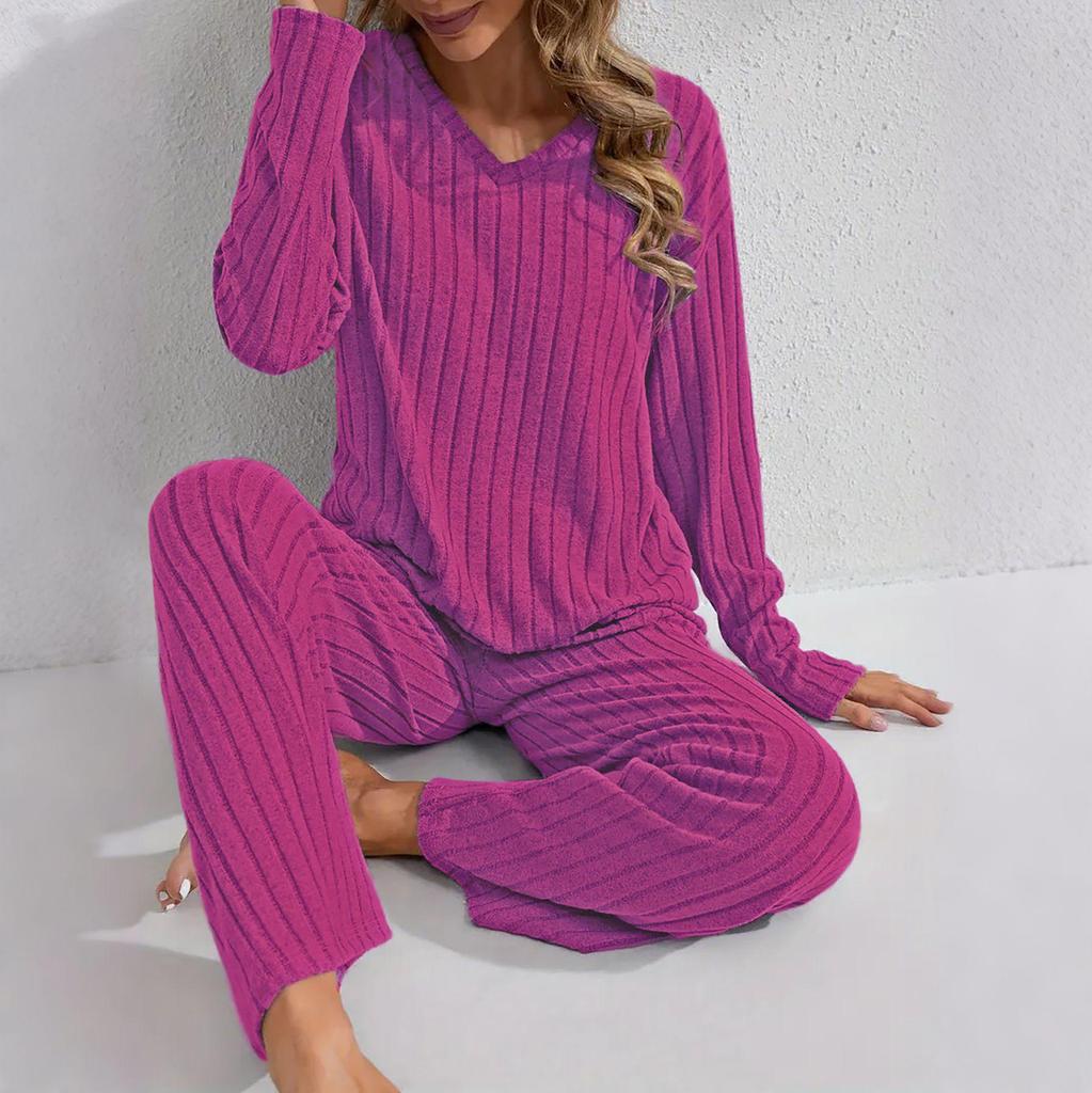 Cozy Striped Plush V-Neck Top & Casual Pants Pajama Set for Autumn/Winter