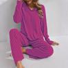 Cozy Striped Plush V-Neck Top & Casual Pants Pajama Set for Autumn/Winter