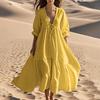 Women V Neck Solid Color Three Quarter Sleeve Cotton Linen Loose Fit Casual Long Dress with Flared Hem