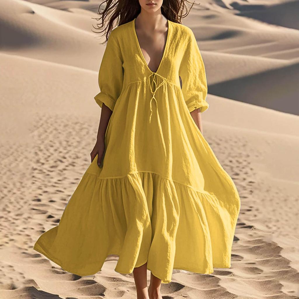 Women V Neck Solid Color Three Quarter Sleeve Cotton Linen Loose Fit Casual Long Dress with Flared Hem