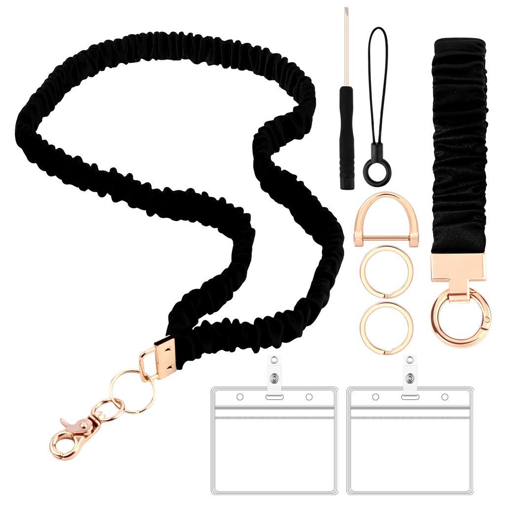 Black Scrunchie Lanyards With Horizontal Badge Holder Stretchy Scrunchie Keychain Retractable Breakaway Scrunchie Lanyard Stretc
