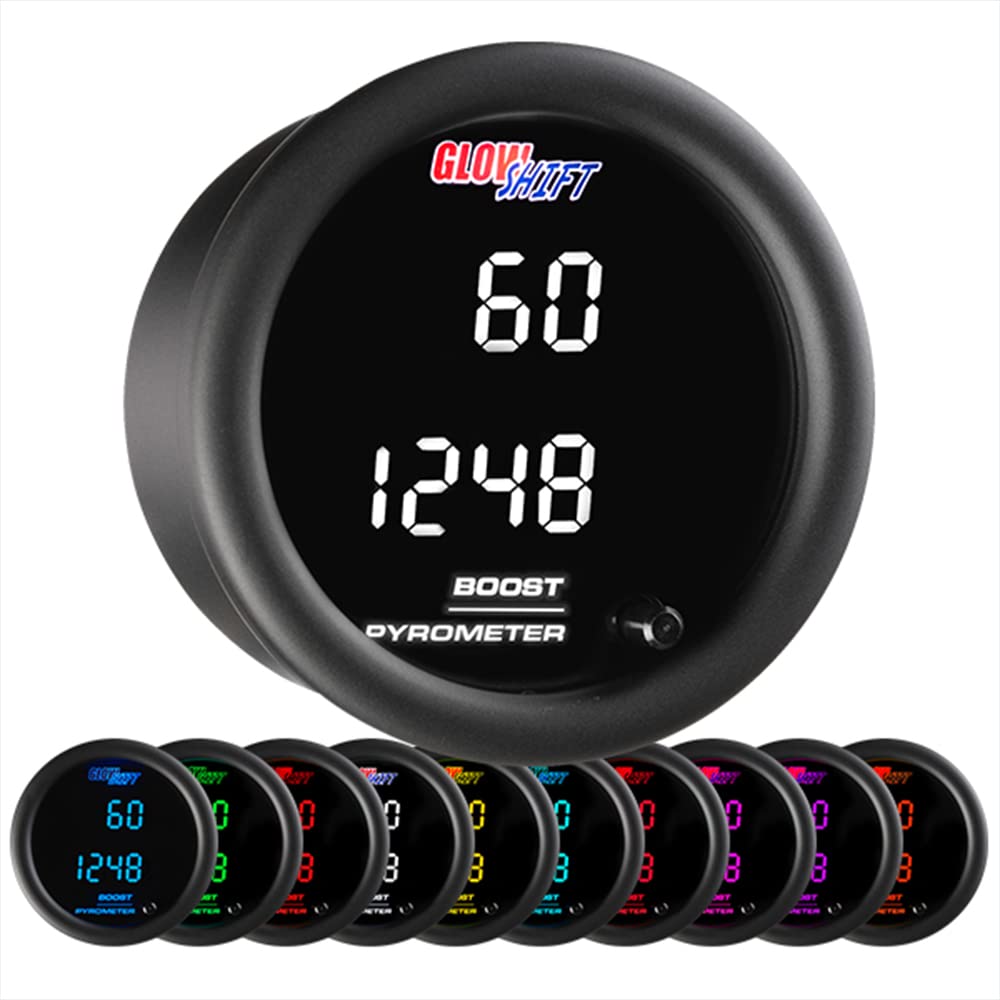 

GlowShift 10 Color Digital Dual 60PSI Boost Pyrometer Exhaust Gas Temperature EGT Combo Gauge Kit with Electronic Sensor 2 Multicolor LED Display