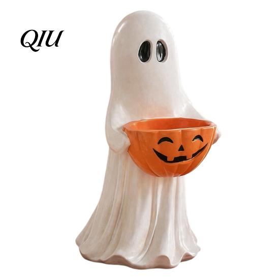 Holiday Party Buffet Tableware Resin Ghost Statue with Pumpkin Candy Bowl, Cute Figurine, Trick Spooky Season Entryway Accents or Treat Holder