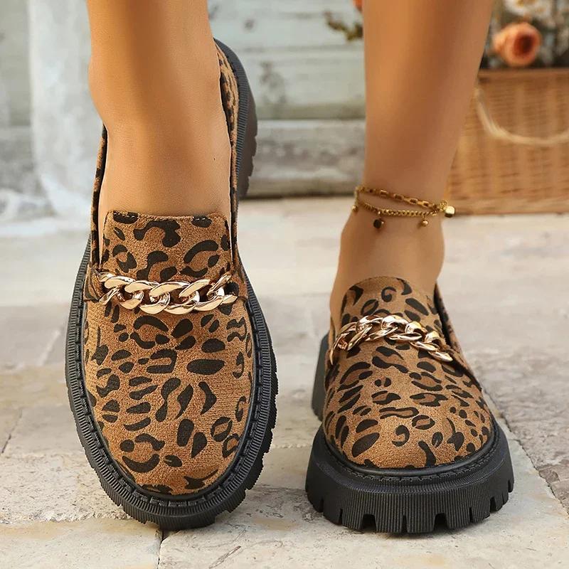 Vintage Leopard Platform Loafers for Women Spring Faux Suede Thick Sole Pumps Woman Metal Chain Casual Slip On Shoes 42