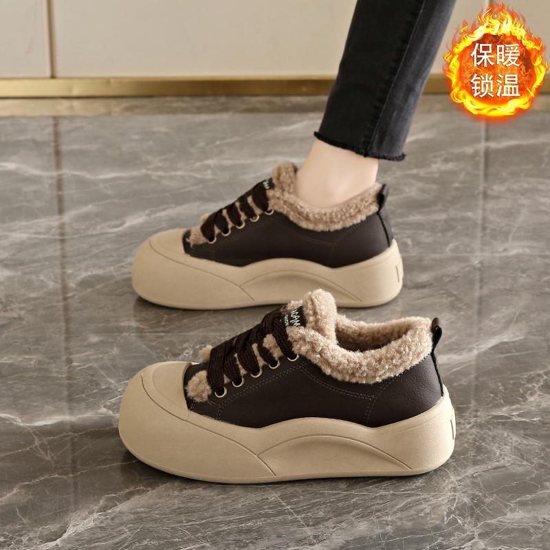 Cotton Shoes Winter New Velvet Warm Casual Sports Shoes Small Size Thick-soled Retro Bread Fluffy Shoes