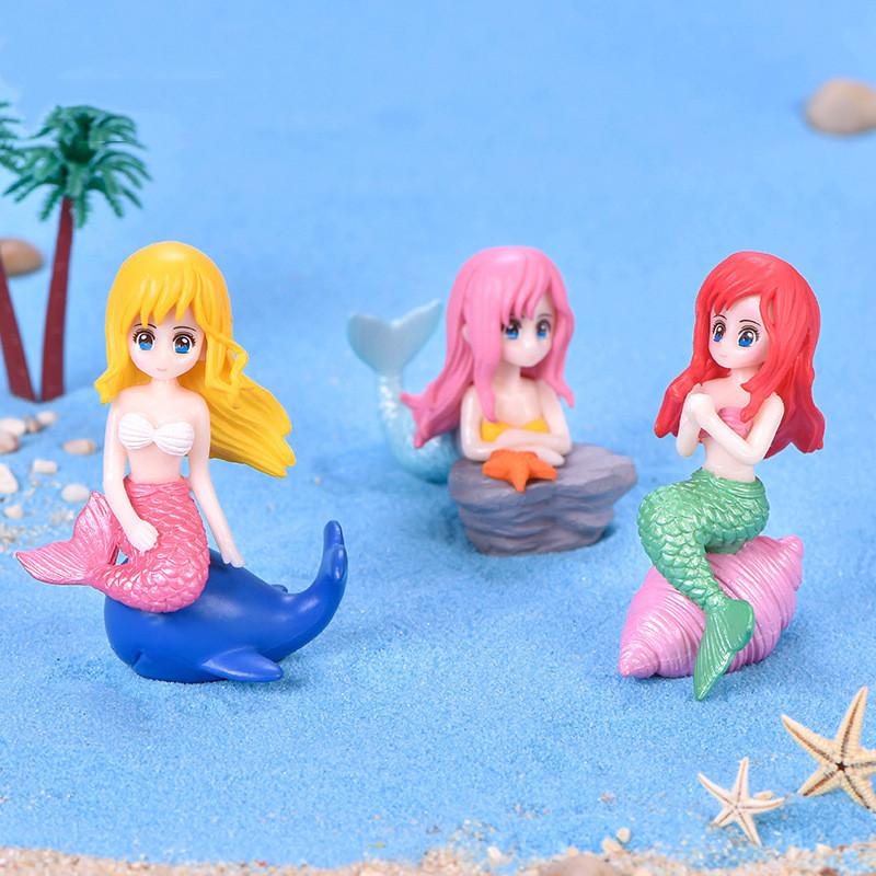 Plastic Cartoon Mermaid Figurine Shell Hair Yellow Pink Red Crafted Aquarium Ornament