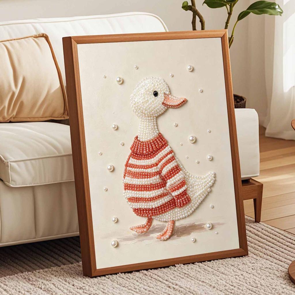 Sparkling Framed Pearl Painting Kit DIY with Cute Striped Duck 3D Bead Art Canvas Ready to Display Home Wall Decor Gift Idea for Living Room