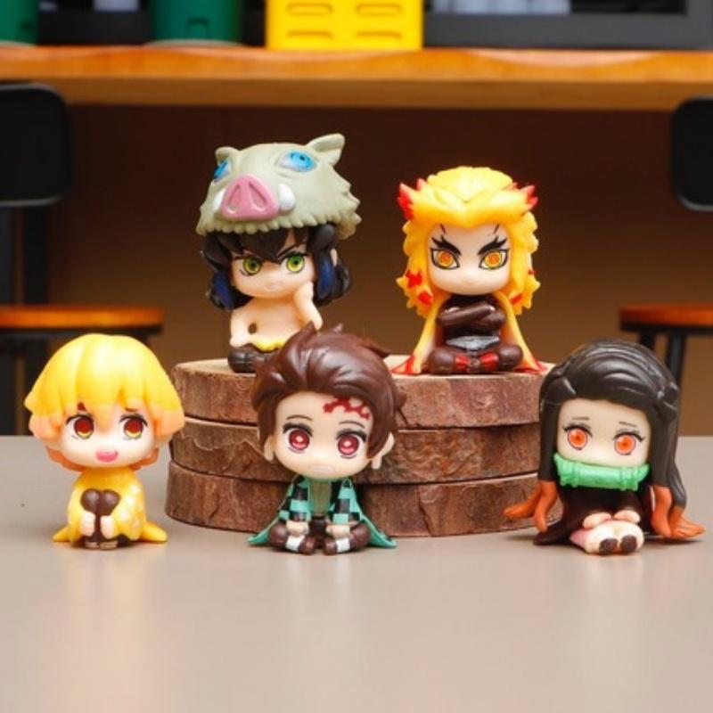 5Pcs/Set Anime Demon Slayer Figure Toy Sitting Nezuko Tanjirou Zenitsu Inosuke Mini Figurine Collectible Model Doll Fans Gift
