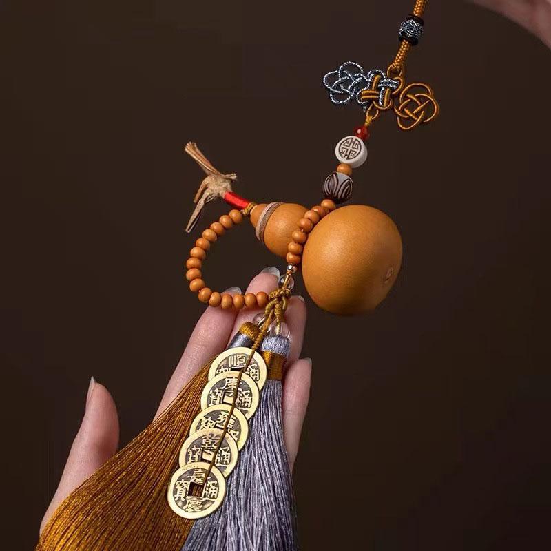 Chinese Knot Car Pendant Natural Gourd Five Emperors Coin Rearview Mirror Pendant Fringe Copper Coin Gourd Auspicious Car Decoration