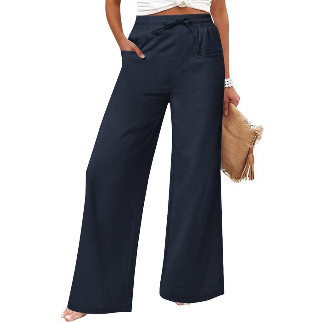 Women's Cotton And Linen Fashion Casual Pocket Drawstring Trousers