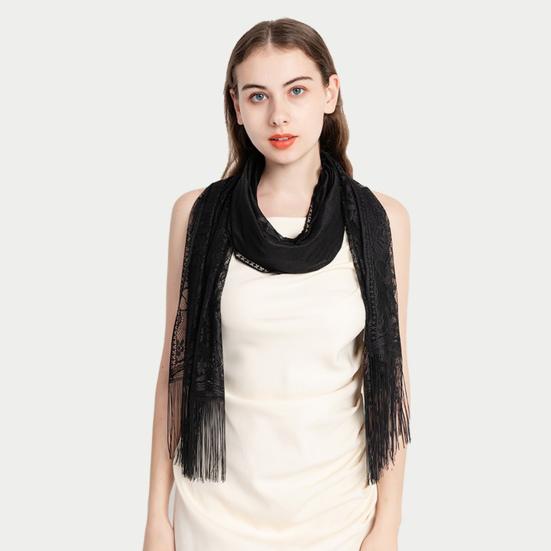 Women Summer Shawl See-through Mesh Thin Tassel Solid Color Soft Decorative Lace Malaysia Women Head Wrap Clothes Accessory