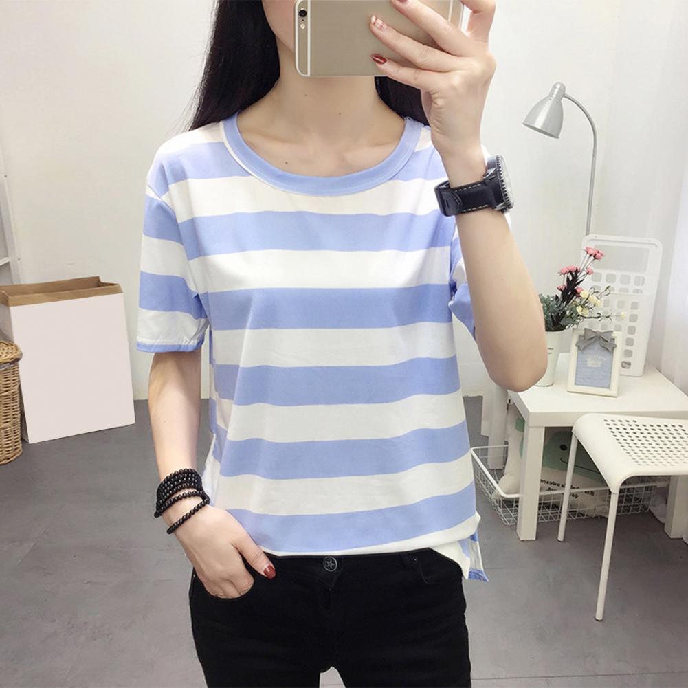 Summer T-shirt Round Neck Short Sleeve T-shirt Striped Print Breathable Versatile Loose Fit Top Streetwear