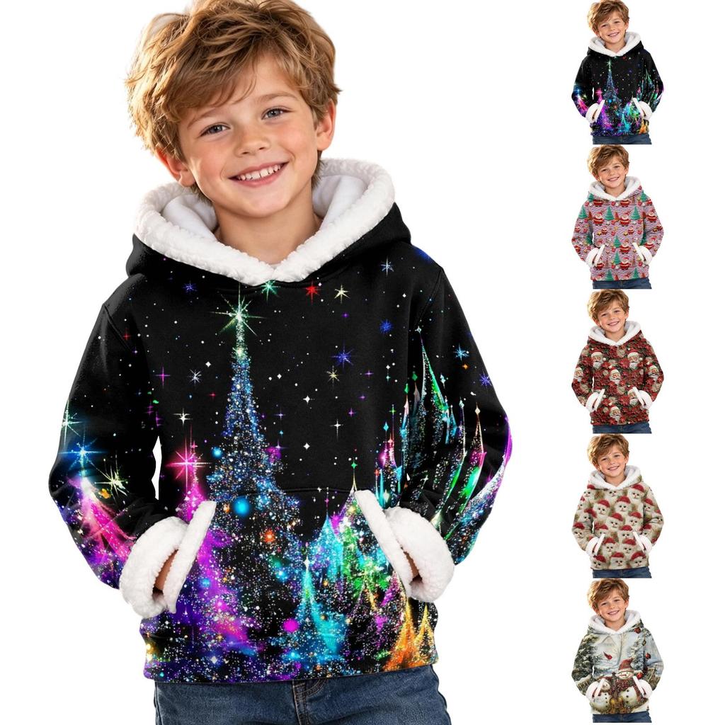 Kids Long Sleeve Christmas Print Casual Fashion Hooded Top