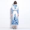 Frühling Herbst Damen Vintage Print Blau und Weiß Porzellan Laufsteg Kleider Langarm Einreiher Lang Maxi Party Hemdkleid