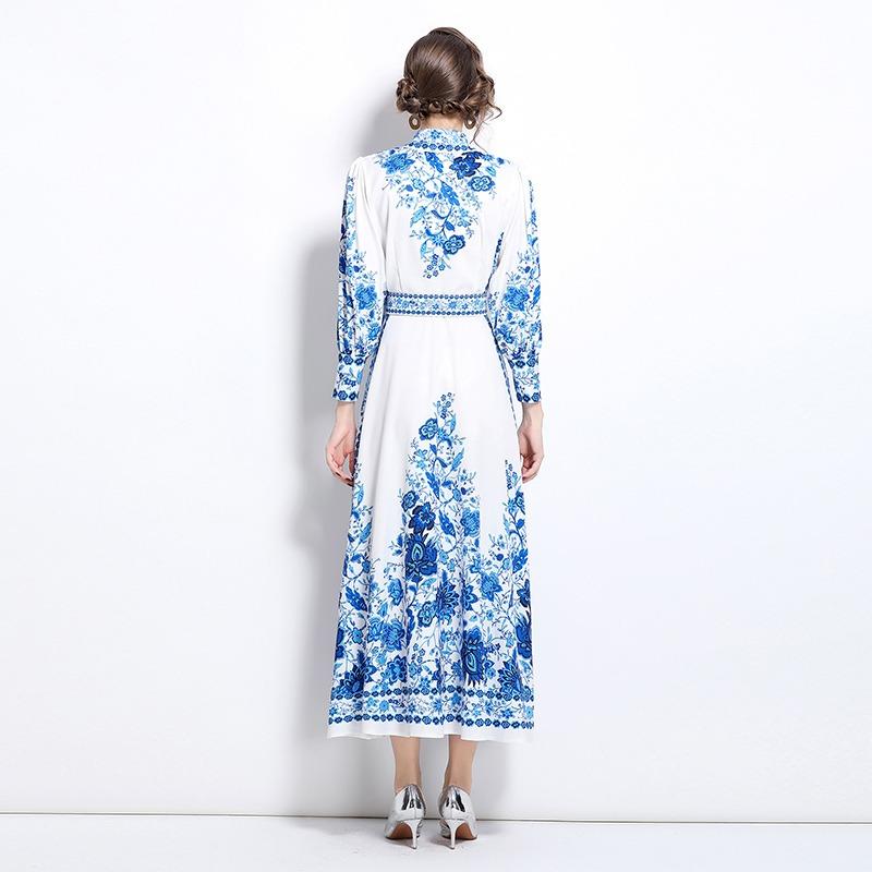 Frühling Herbst Damen Vintage Print Blau und Weiß Porzellan Laufsteg Kleider Langarm Einreiher Lang Maxi Party Hemdkleid