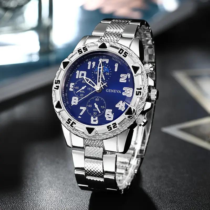 Men's Large Dial Blu-ray Glass Watch, High-end Men's Business Watch + Jewelry 4-piece Set