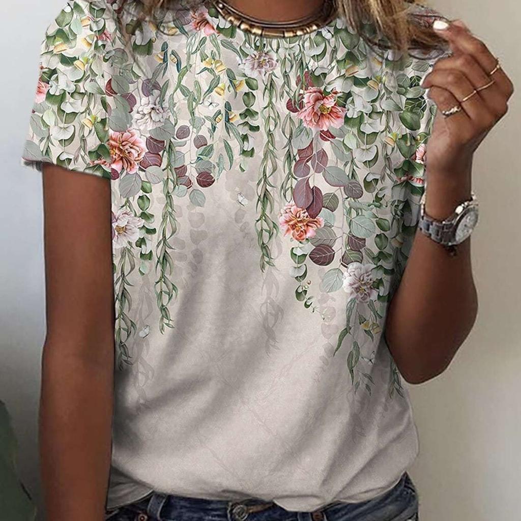 Women Floral Pattern T Shirt Vintage O Neck Short Sleeve Casual T-shirts Female Tee Tops