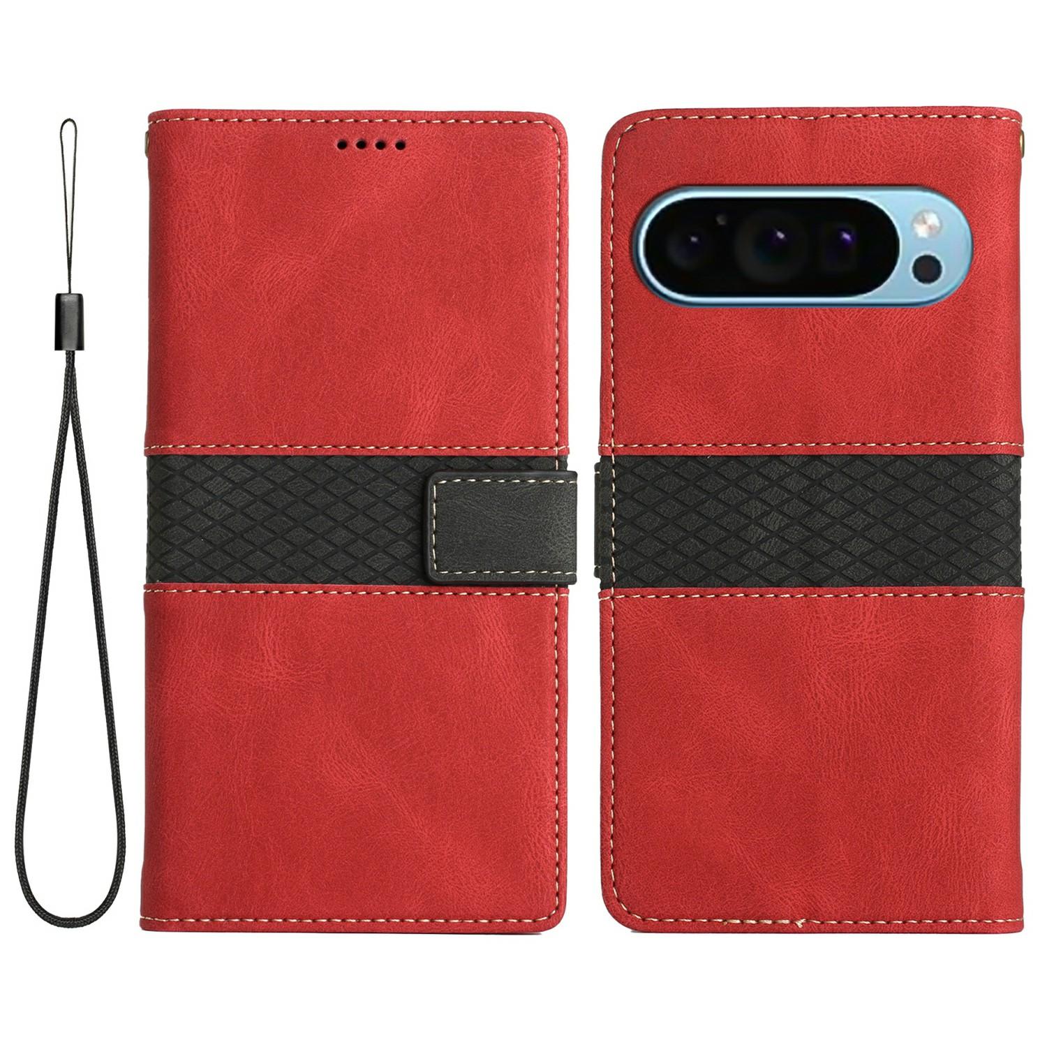 

For Google Pixel 9 Pro/Pixel 9 Leather Case Grid Splicing Stand Wallet Phone Cover Red