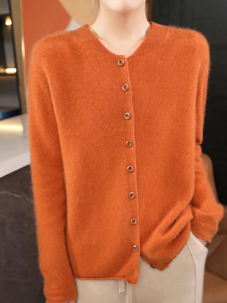 2024 Women's Loose V-Neck Pure Wool Knit Cardigan - Autumn/Winter Plus Size French Style Outerwear