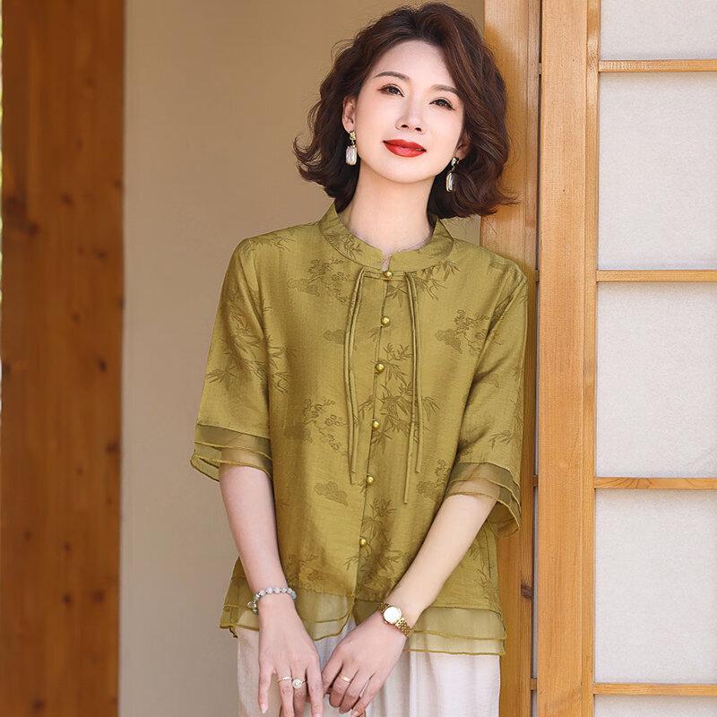 Xuexi Women s New Chinese Style Half-Sleeve Chiffon Blouse 2XL