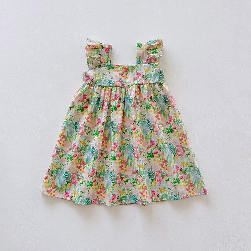 Girls Summer Floral Print Dress Colorful Flutter Sleeve Suspender Skirt Casual Vacation Outfit Kids Clothing 90cm