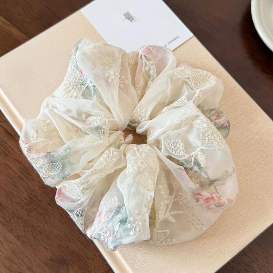 Hair Tie Embroidery Flower Pattern Mesh Yarn Large Hair Scrunchy Soft Elastic Ponytail Holder Non-Slip Hair Accessory