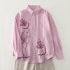 Spring Luxury French Chic Pink Embroidered Long-Sleeve Women's Shirt