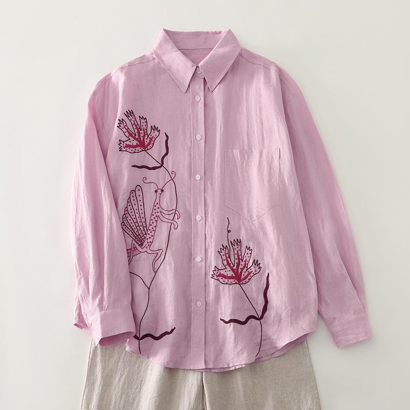 Spring Luxury French Chic Pink Embroidered Long-Sleeve Women's Shirt