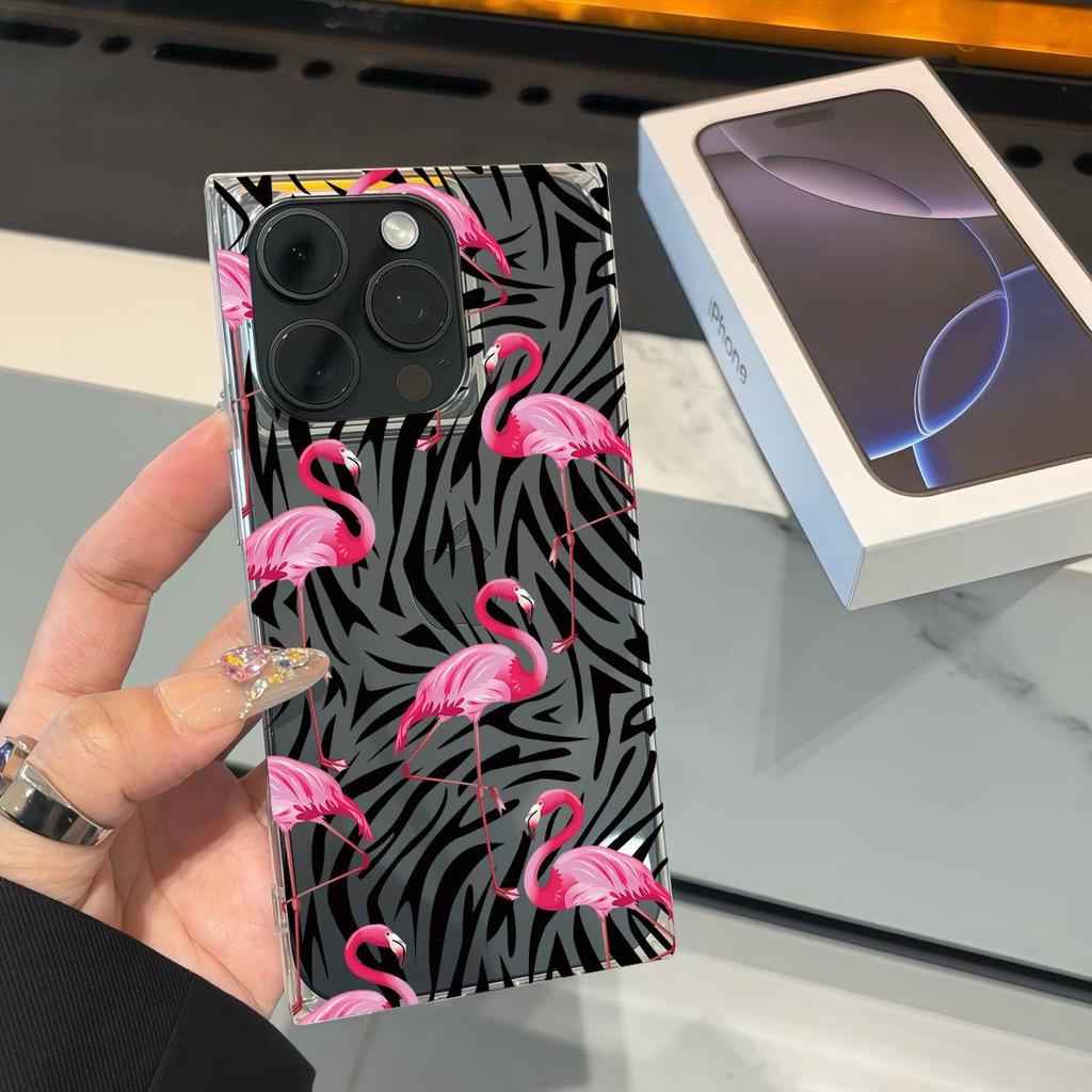 Clear Square Back Tube Case Protection For iPhone 13 11 12 15 Plus 16 ProMax 14 Pro Max Anti-Oxygen,Flamingos All Over Pattern Casing