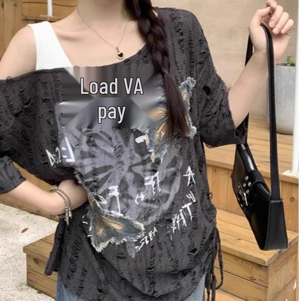 2025 Summer Chic Butterfly Off-Shoulder Women's Distressed Short Sleeve T-Shirt