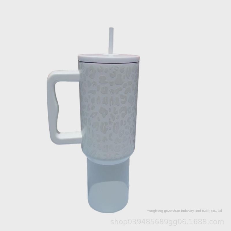 Cross-Border 304 Stainless Steel Leopard Print 40-Ounce Ice Cup with Handle and Straw, High-Quality Car-Mounted Large-Capacity Thermos Cup