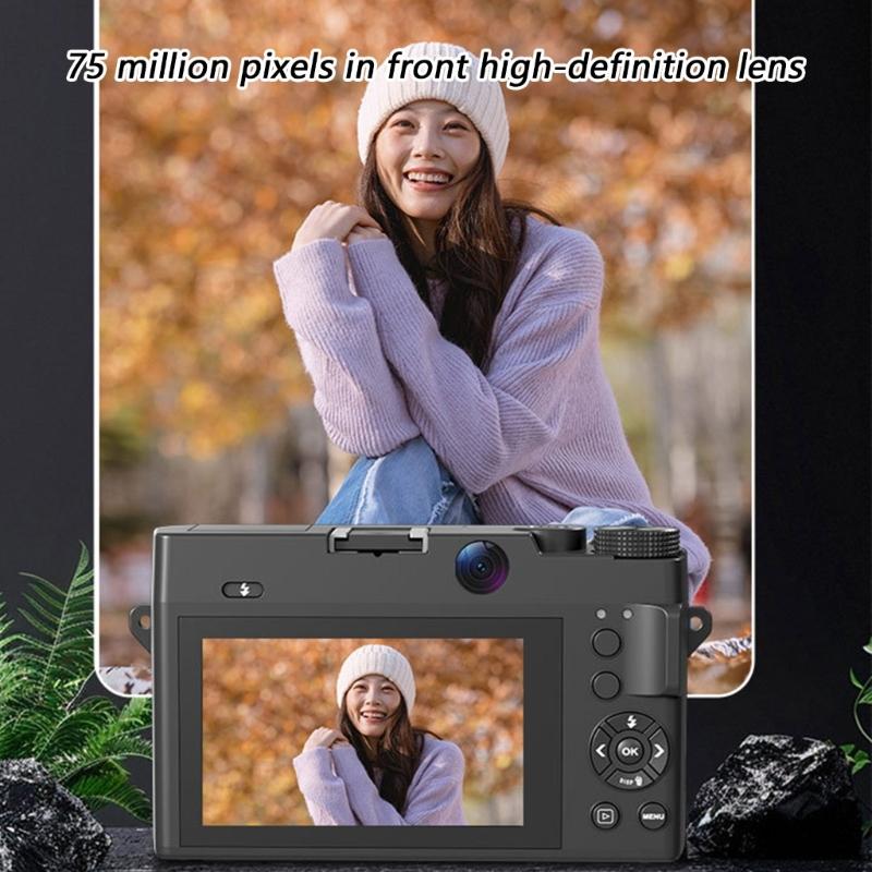 4K Mirrorless Digital Camera 18X Digital 75MP Front Rear Double Lens 9 Shoot Mode Portable USB Rechargeable Battery
