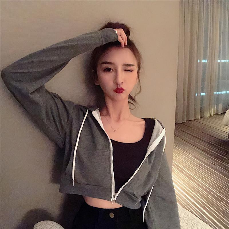 New Spring And Autumn Korean Version Zipper Short Hooded Coat Thin Solid Color Sweater Women