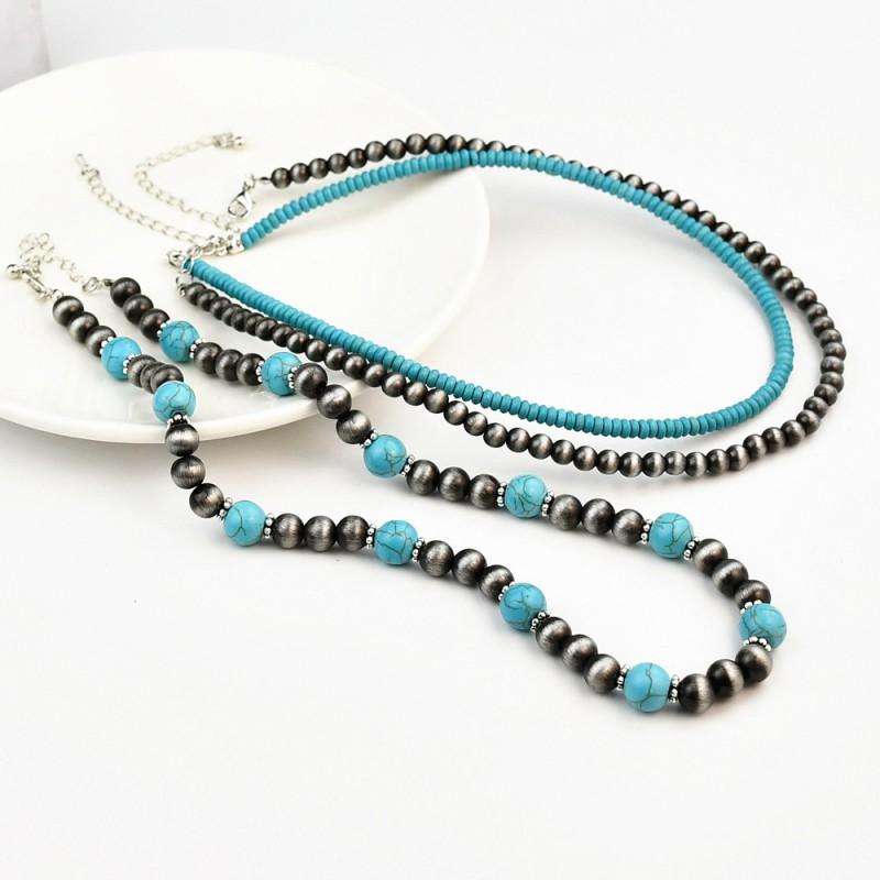 Handmade Turquoise Necklace Set Women Layered Geometric Choker With Sterling Beads Boho Style