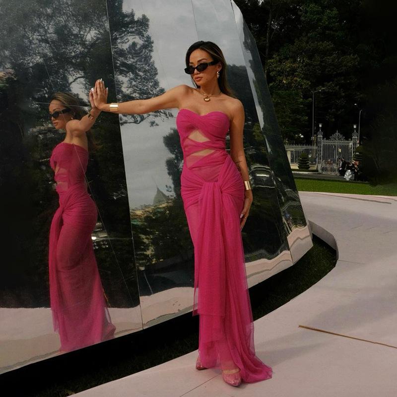 Spring New Women's Fashion Sexy Tube Top One-shoulder Perspective Strappy Slim Dress for Women