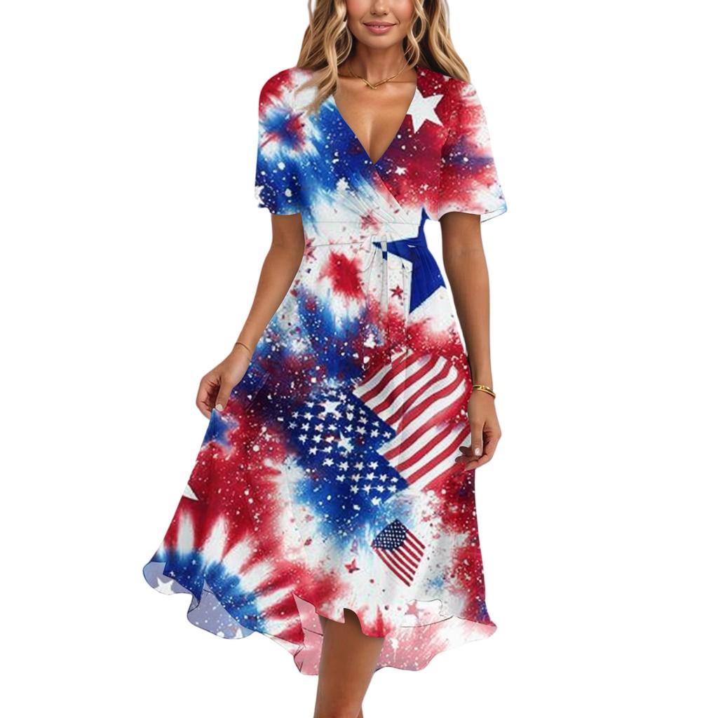 Women's Fashionable Casual V-neck Short-sleeved Independence Day Printed Dress