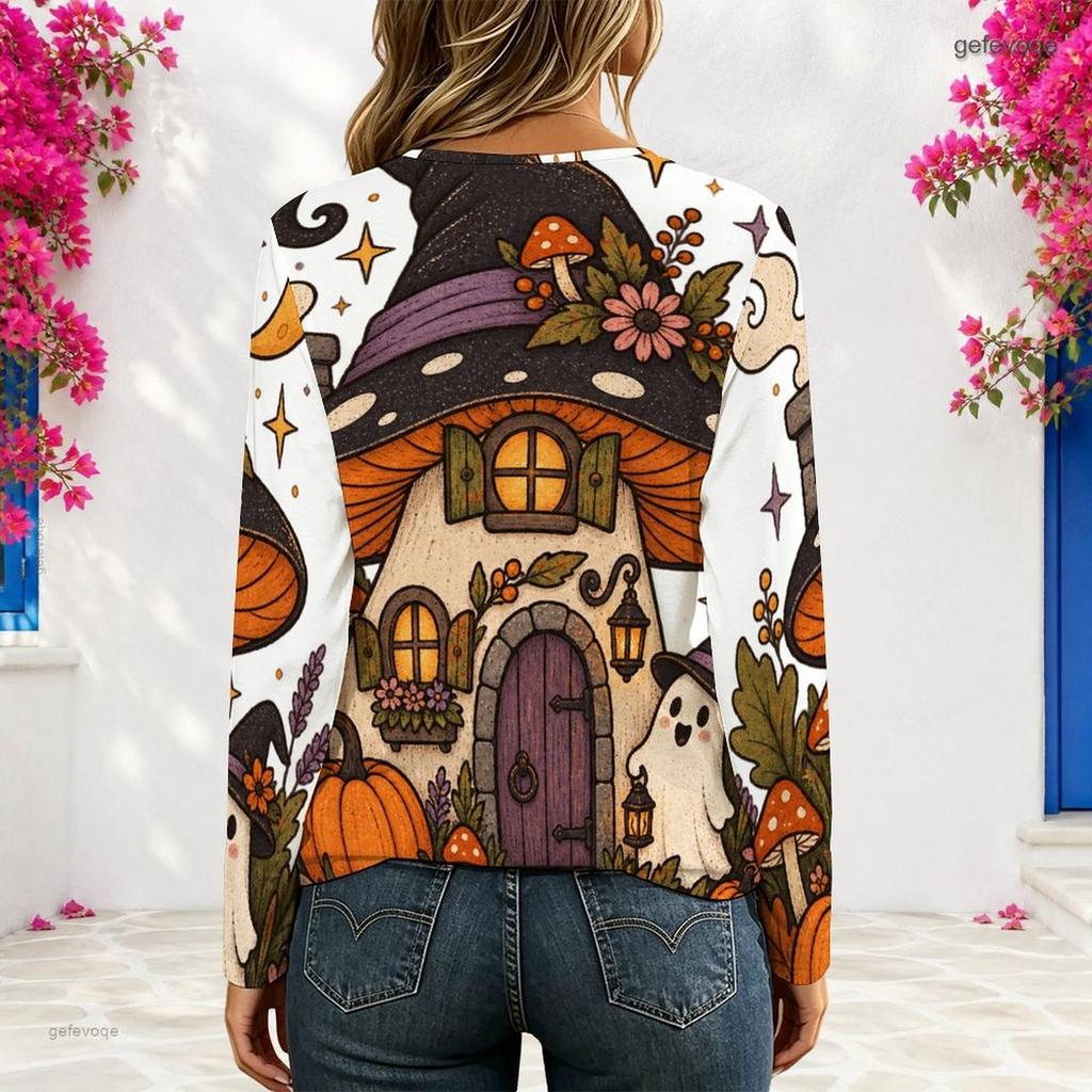 Women Plus Size V Neck Long Sleeve Halloween Printed Eyelet Chain Lace Up Top