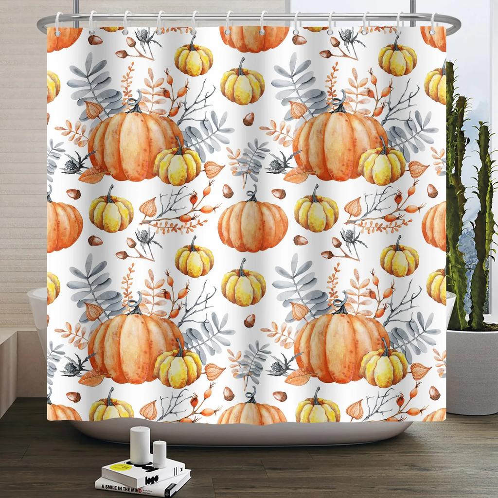 Autumn Forest Maple Shower Curtain Natural Jungle Leaves Pumpkin Fall Bathroom Shower Curtain Waterproof Shower Curtain Decor