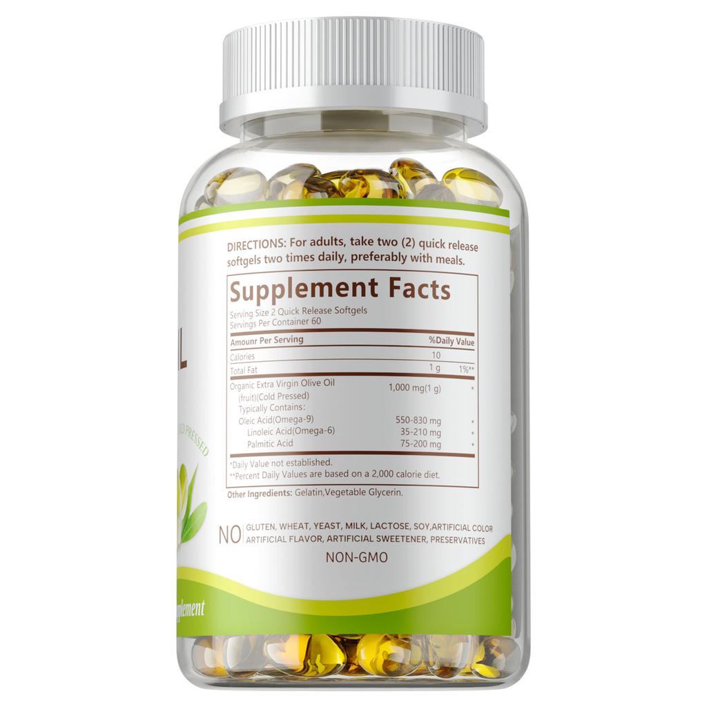 Kapseln mit nativem Olivenöl extra, 1000 mg, natürliche pflanzliche Ernährung, Immununterstützung, für Erwachsene geeignet.