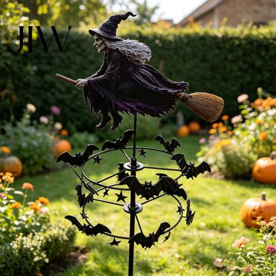 Giravento Decorativo Strega da Giardino Spinner, Arte per Cortile di Halloween Palo Metallico da Esterno Sagoma Fantasiosa, Volante per Prato Patio Sentiero Autunno