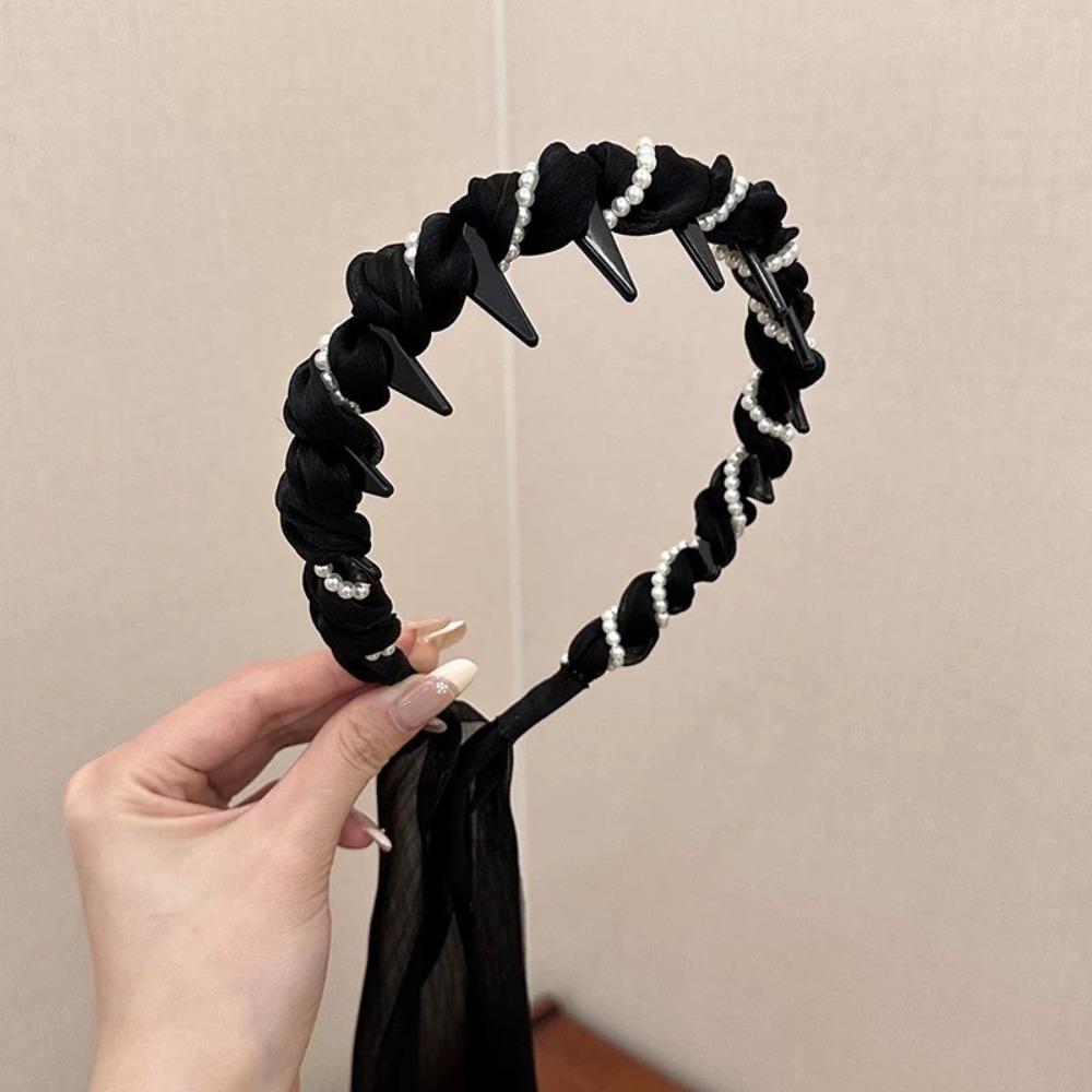 U Shape Satin Fabric Hair Bands Adjustable High Top Headpiece Non Slip Pearl Hair Band Tooth Comb Fabric Ribbon Hair Hoop