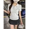 women pointelle knit polo shirt short sleeve button placket form-fitting casual solid color top
