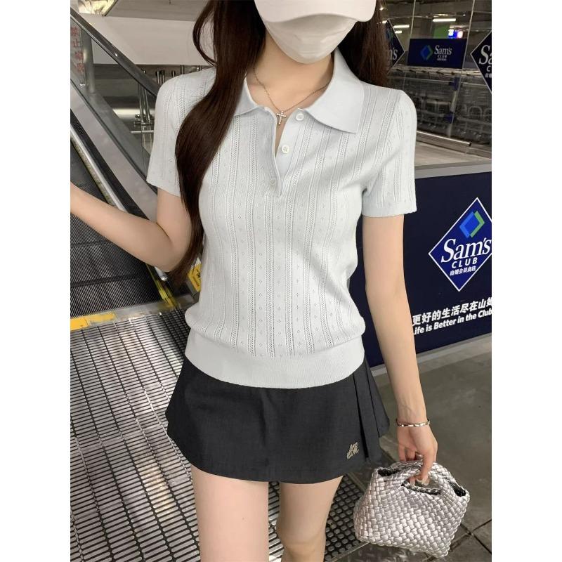 women pointelle knit polo shirt short sleeve button placket form-fitting casual solid color top