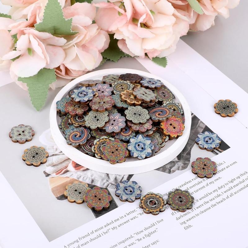 50Pcs Mixed Pattern Vintage Flower Wooden Buttons 20mm Assorted Buttons 2 Holes Sewing Random Flower Painting Buttons