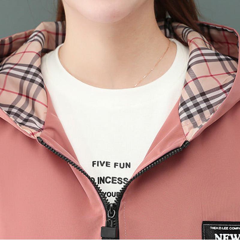 Primavera Autunno Moda Donna Bomber Giacca da donna Tasca con cerniera Con cappuccio Due lati Capispalla Sciolto Giacca a vento taglie forti Donna